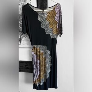 Black BCBGMaxAzria Dress with Gold and Lilac Geometric Print